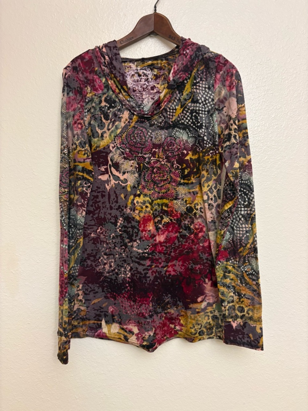Cristina V Multicolor Floral Beaded Pullover Hoodie L Hooded Long Sleeve